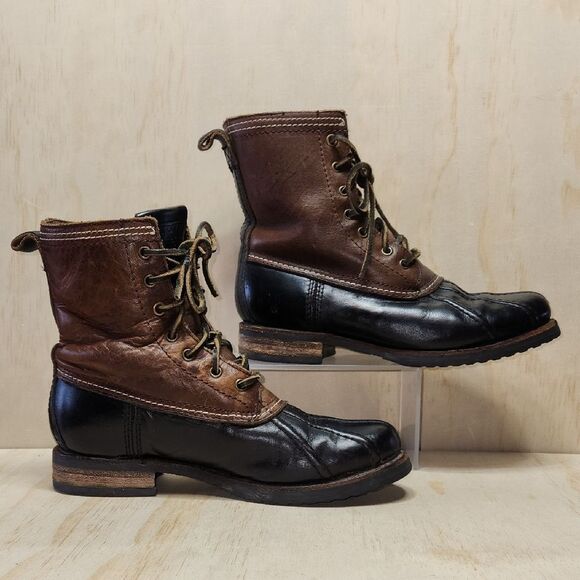 Frye Veronica Brown Black Duck Boots Leather Shearling Mid Calf Women 7.5 - Picture 2 of 11